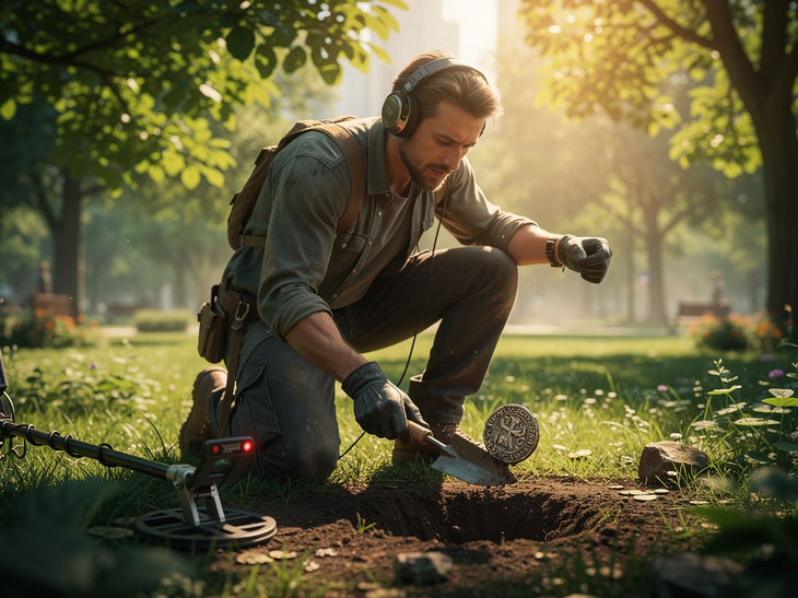 Поиск с металлоискателем на фоне природы